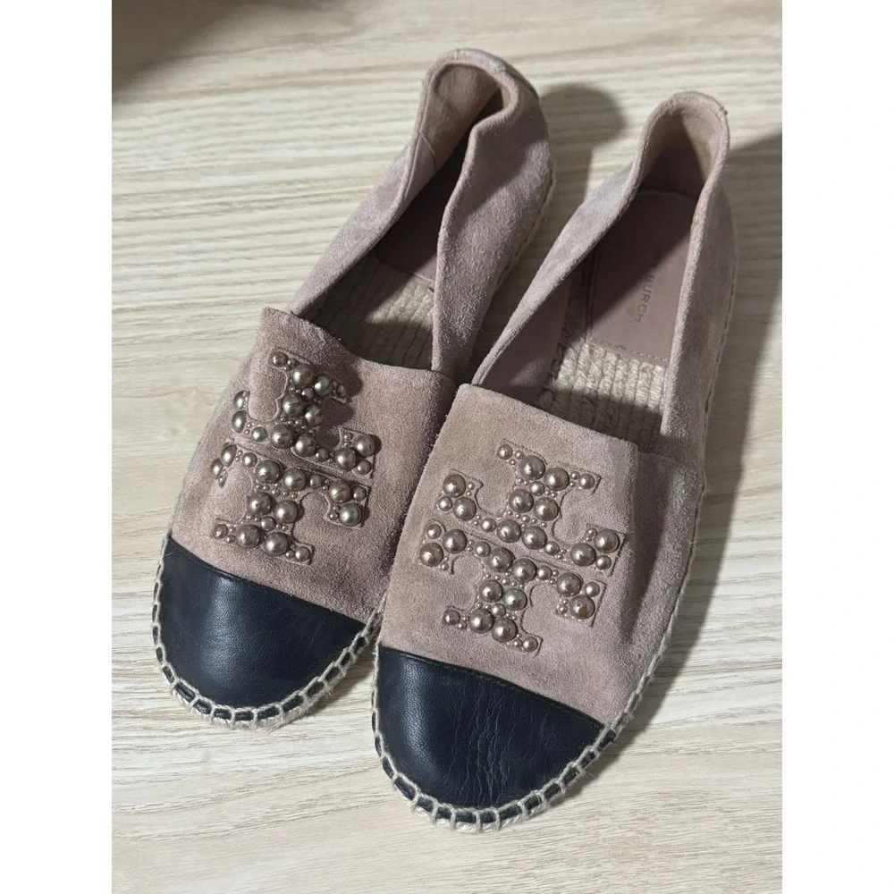 TORY BURCH Pearl Logo Flat Espadrille Suede-MEADOWSWEET size 8.5M